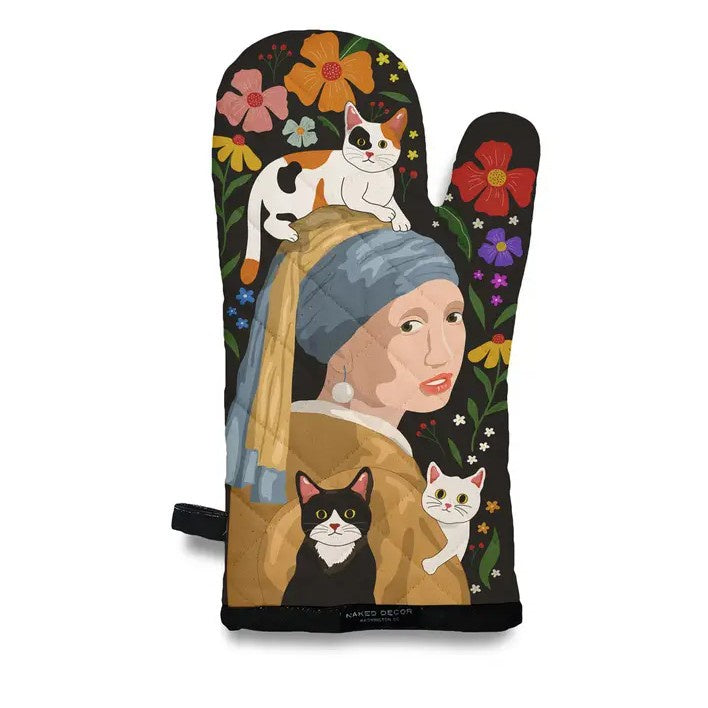 Oven mitt featuring illustration the Girl with the Pearl Earring with cats sitting on her head and shoulders