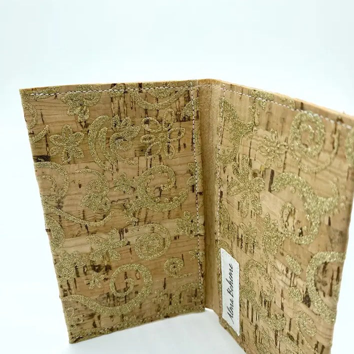 Light brown cork wallet with gold glitter paisley detailing