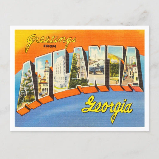 Vintage style orange and blue postcard with text that reads "Greetings from Atlanta Georgia"