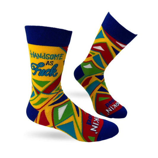 Colorful socks with a geometric pattern and text "handsome as fuck"