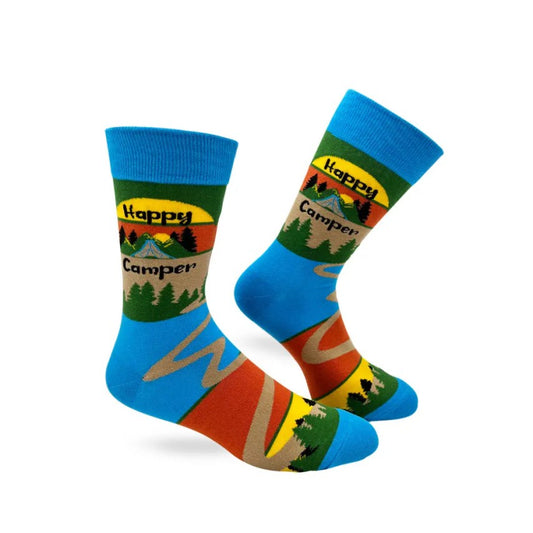Colorful calf socks with images of mountains and a sunset and the words "Happy Camper" on them