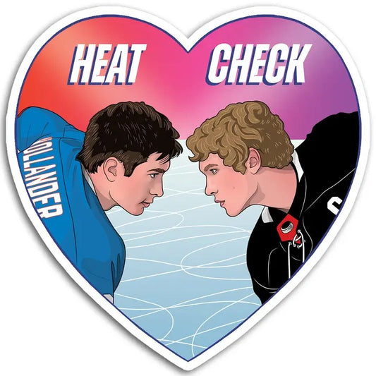Heart shaped sticker featuring two hockey players facing each other with text that reads "Heat check"