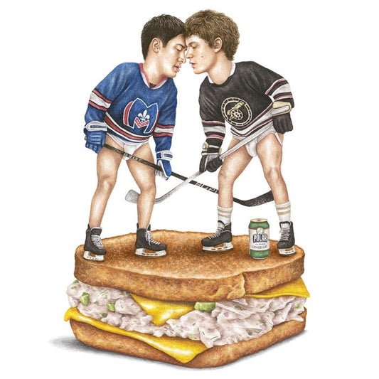 Two hockey players standing with their foreheads pressed together on top of a tuna melt sandwich