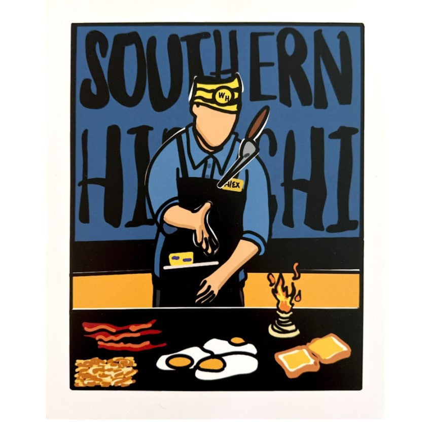 Art print depicting a hibachi chef cooking bacon, hashbrowns, eggs and toast on a hibachi-style grid in front of the words "Southern Hibachi"