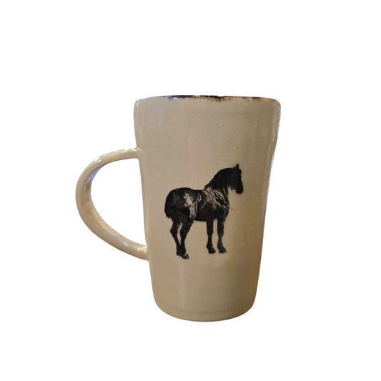 White ceramic mug with a black image of a horse on it