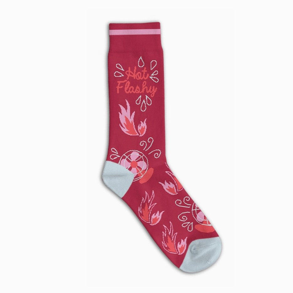 Red crew socks with images of flames and fans and the words "Hot Flashy" on them