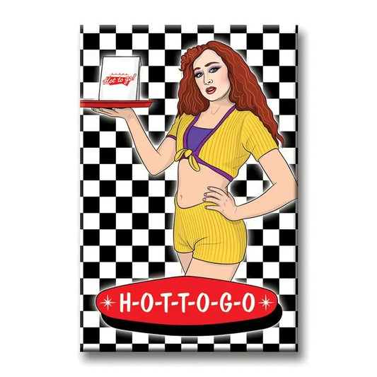 Magnet that depicts Chappell Roan over a black and white checkerboard background above text that reads "H-O-T-T-O-G-O"