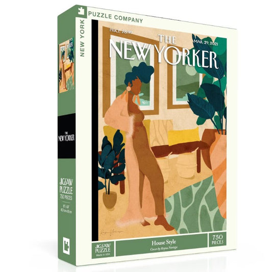 750 piece puzzle depicting a black woman in a dressing gown standing in a living room decorated with plants