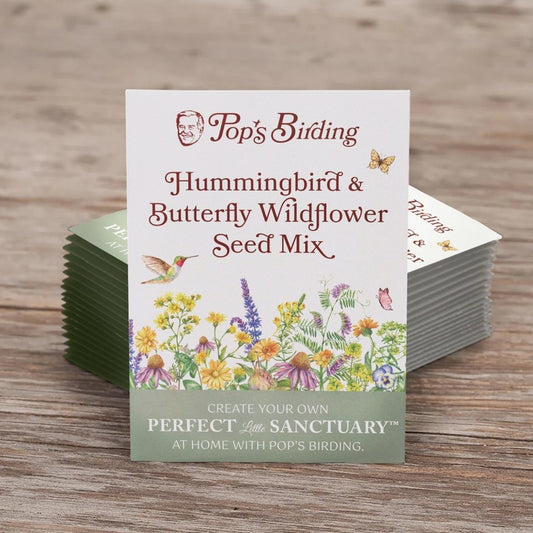 Packet of hummingbird and butterfly seed mix with floral design
