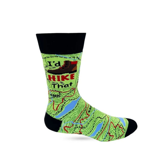 Green calf socks with a map design and the words "I'd hike that" on them"