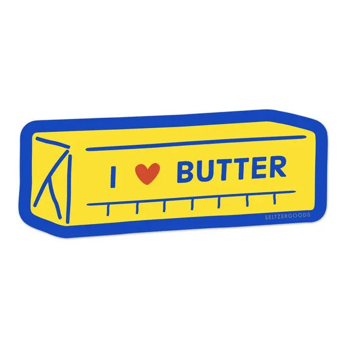 A sticker depicting a bright yellow stick of butter with text "I love butter" on a bright blue background