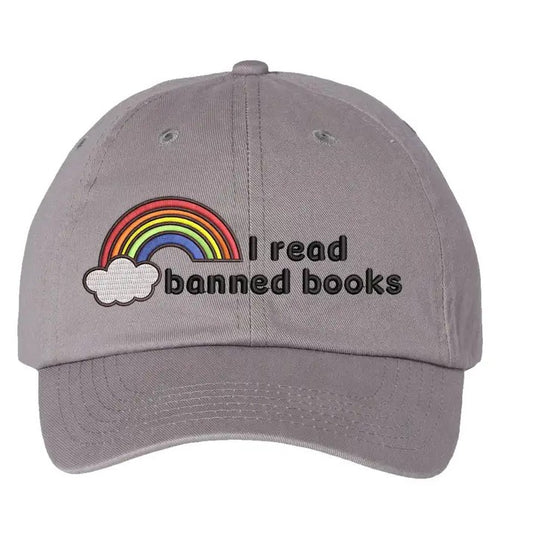 Gray cap with embroidered rainbow and text that reads "I read banned books"