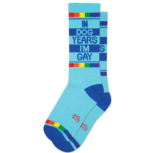 Blue calf socks with rainbow stripes and the words "In dog years I'm gay"