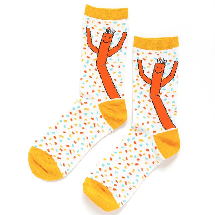 orange wacky inflatable on a pair of socks