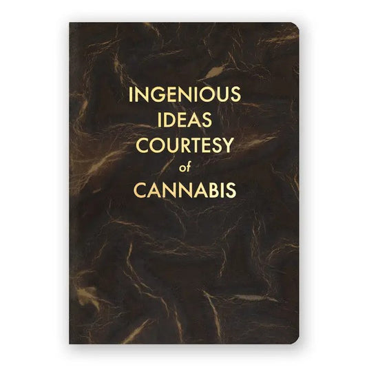 Brown and yellow marbled journal with the words "Ingenious Ideas Courtesy of Cannabis" embossed in gold lettering on the front.