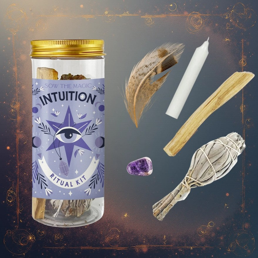 Intuition ritual kit with jar, feather, candle, and other items on a mystical background
