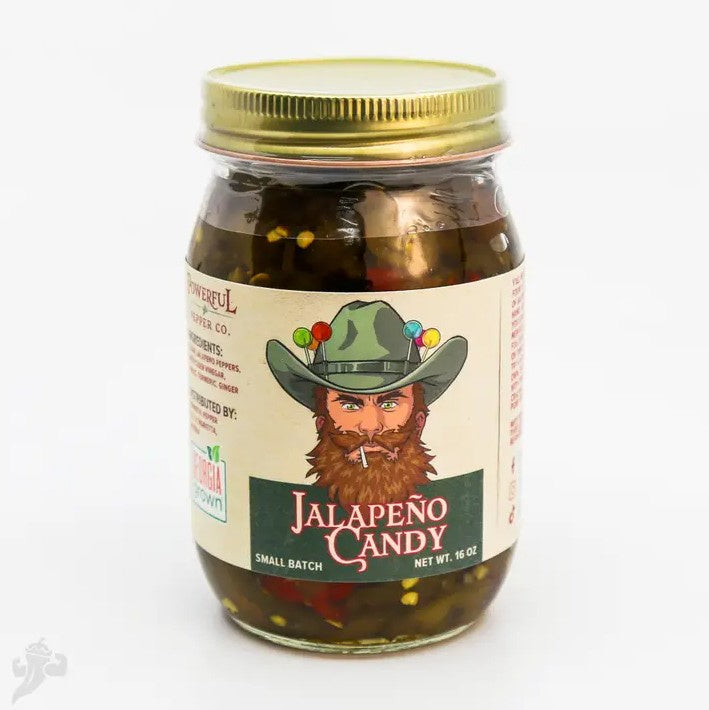 Jar of jalapeño candy with a label featuring a cowboy hat and beard design on a white background