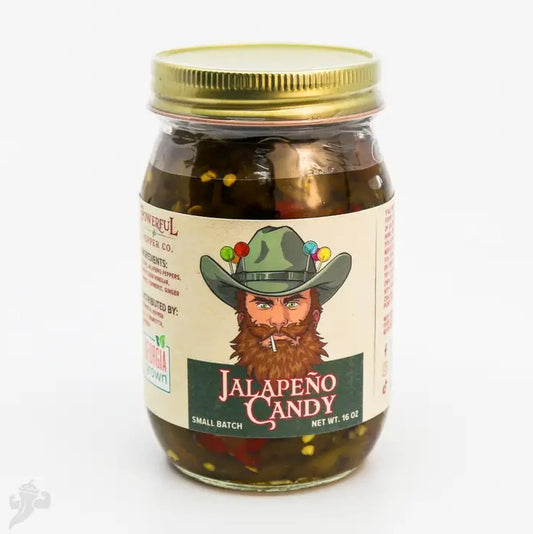 Jar of jalapeño candy with a label featuring a cowboy hat and beard design on a white background