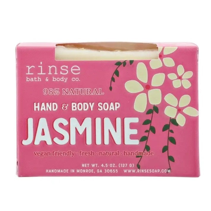 Bar of jasmine scented soap with pink floral packaging