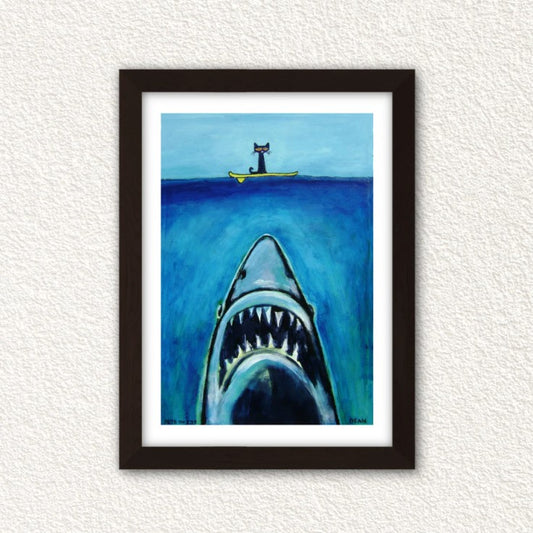 Art print of a blue cat sitting on a surfboard while underneath a large shark swims upward with its mouth open