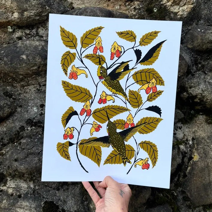 Art print of hummingbirds and jewelweed plants
