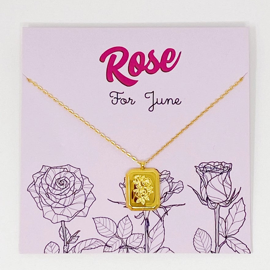 Gold plated necklace with a pendant engraved with roses for June birthdays