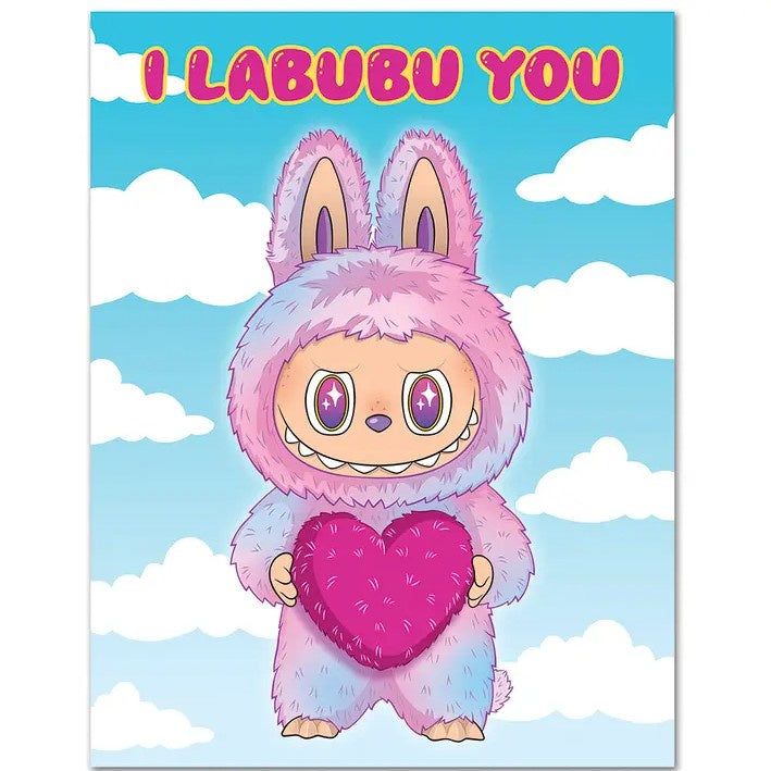 Card featuring a purple Labubu holding a heart in front of a sky background and the words "I Labubu You"
