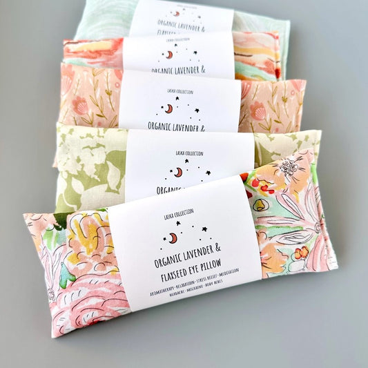 Organic lavender and flaxseed eye pillows in various muted floral patterns