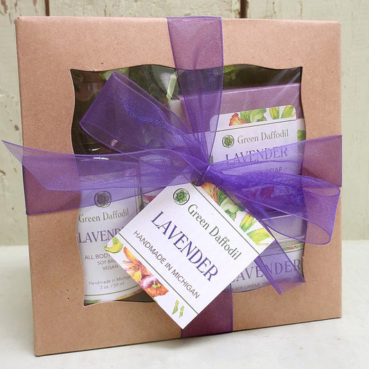 Vegan lavender scented bath set with lip balm, lotion, soap, candle and matchbook