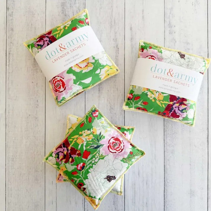 Lavender sachets with a bright green floral pattern