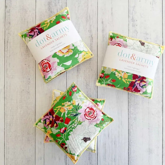 Lavender sachets with a bright green floral pattern