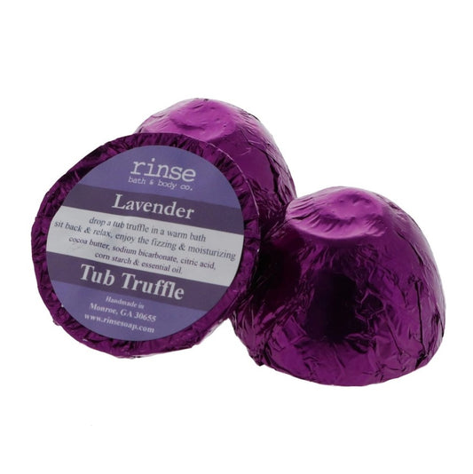 Three purple foil-wrapped lavender tub truffles from Rinse Bath and Body Co.
