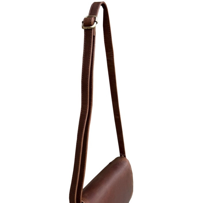 Dark brown leather crossbody bag with an adjustable strap