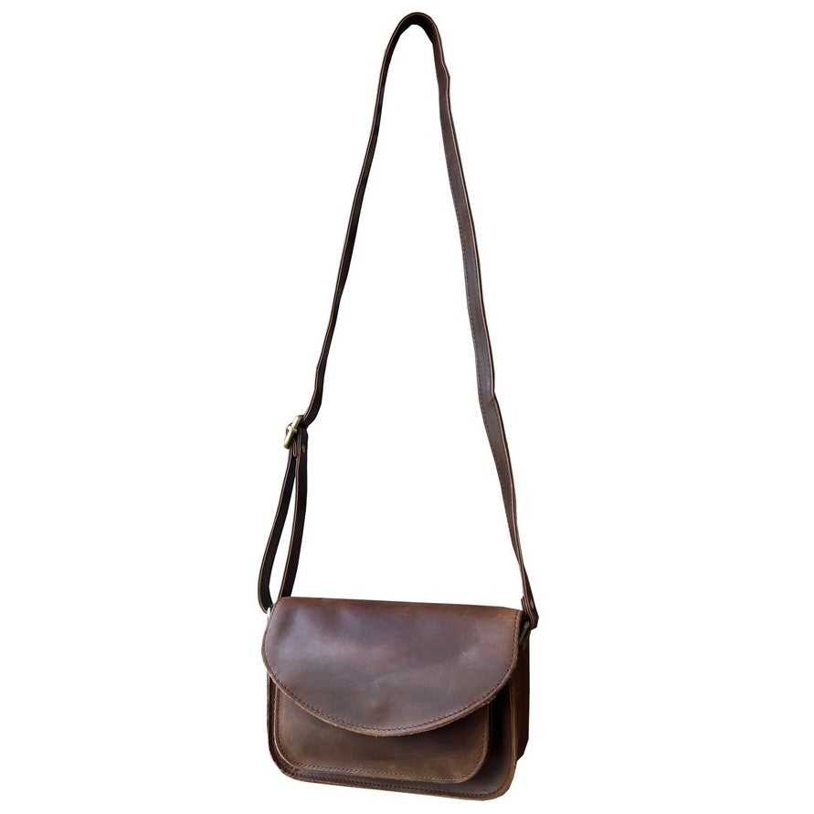 Dark brown leather crossbody bag.