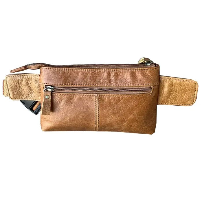 A tan leather fanny pack with two zippered pockets.