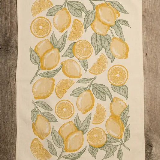Kitchen towel with a yellow and green lemon pattern