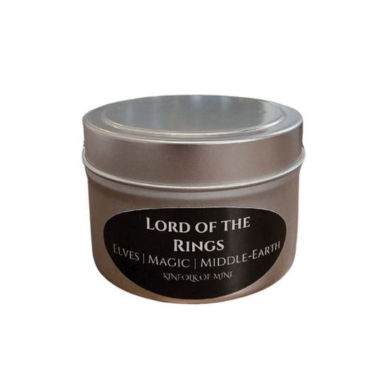 Four ounce candle labeled "Lord of the Rings: elves, magic, middle-earth"