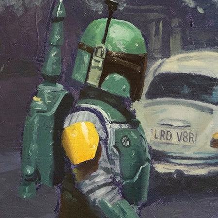 Close up of the Mandalorian in front of a car with license plate "LRD V8R"