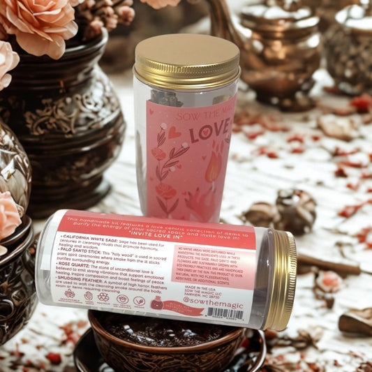 Two jars containing components for "Love" ritual kits