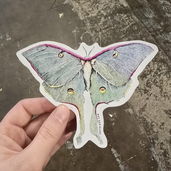 A vinyl sticker depicting a light green Luna moth.