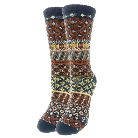 Pair of blue and brown patterned calf socks