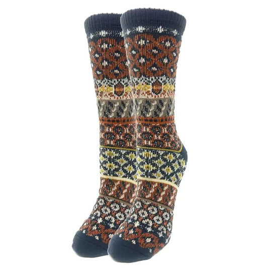 Pair of blue and brown patterned calf socks