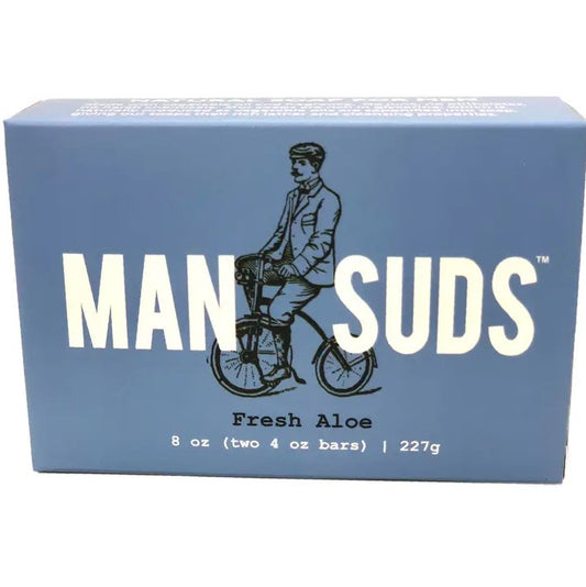 A bar of soap in the scent fresh aloe with an illustration of a vintage gentleman riding a bicycle on the front of the box.