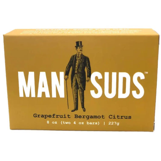 An eight ounce bar of soap in the scent grapefruit bergamot with an illustration of a fancy vintage gentleman on the front of the box.