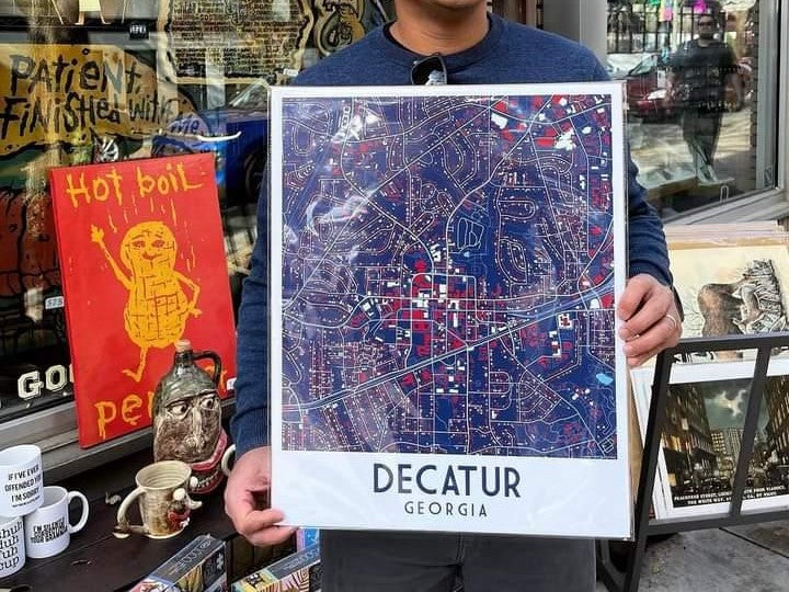 A blue and red map print of Decatur, Georgia.