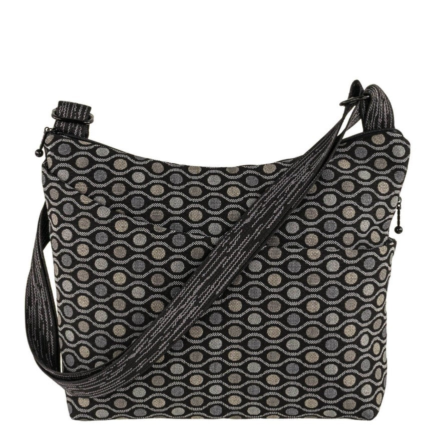 Shoulder bag with a grayscale geometric pattern