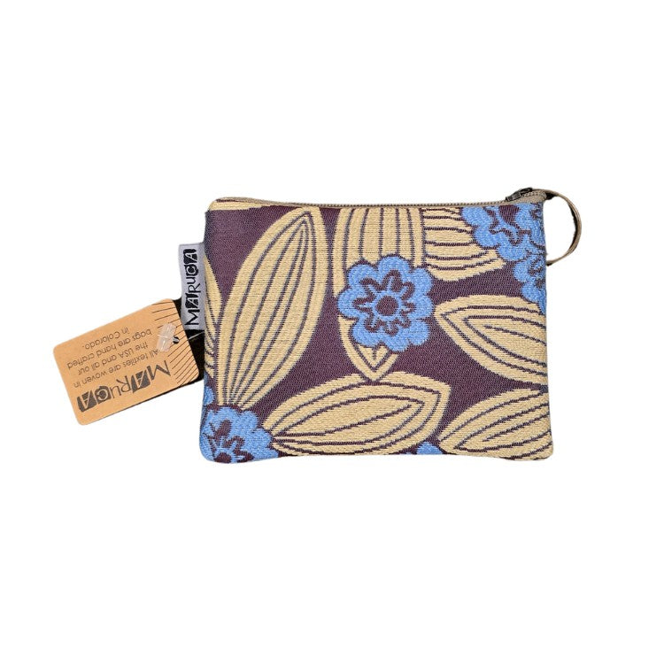 Zippered coin purse with a purple, blue and yellow floral pattern