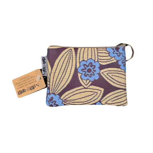 Zippered coin purse with a purple, blue and yellow floral pattern