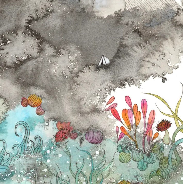 Closeup of watercolor illustration of colorful plants