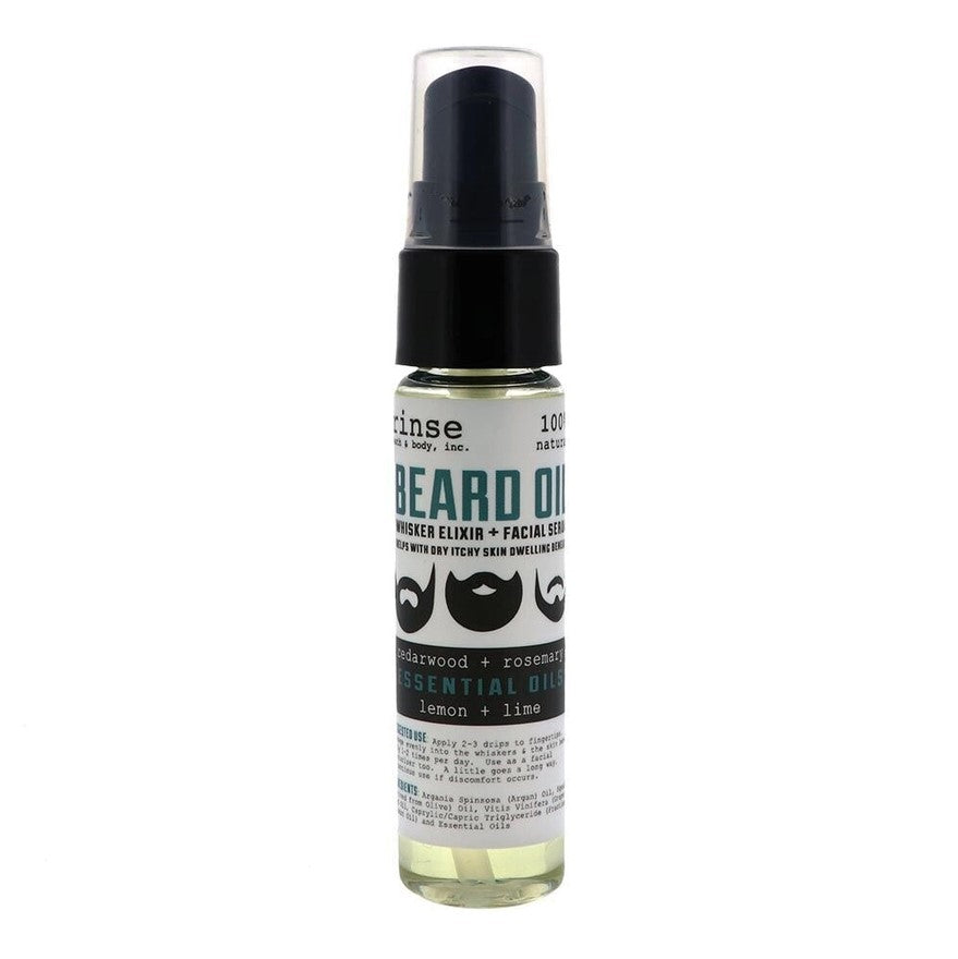 A bottle of beard oil made of cedarwood, rosemary, lemon and lime essential oils.